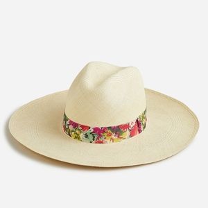 🆕️ J Crew Wide-brim panama hat with floral printed band dark loden